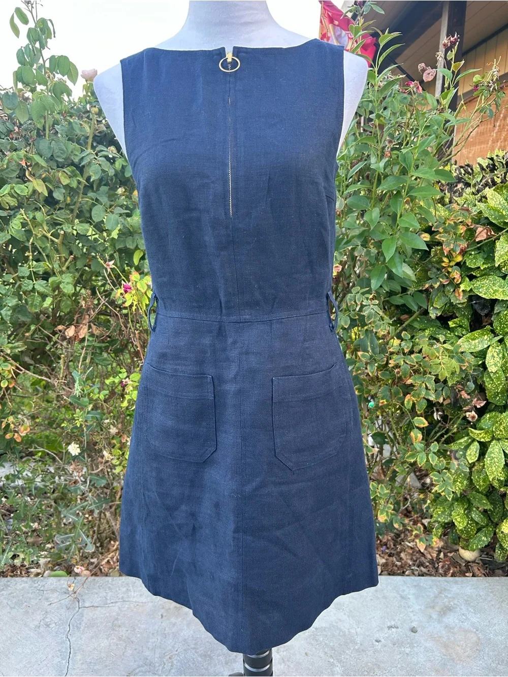 Tory Burch Navy Linen Sleeveless Zip-Front Shift Dress resortwear quiet luxury